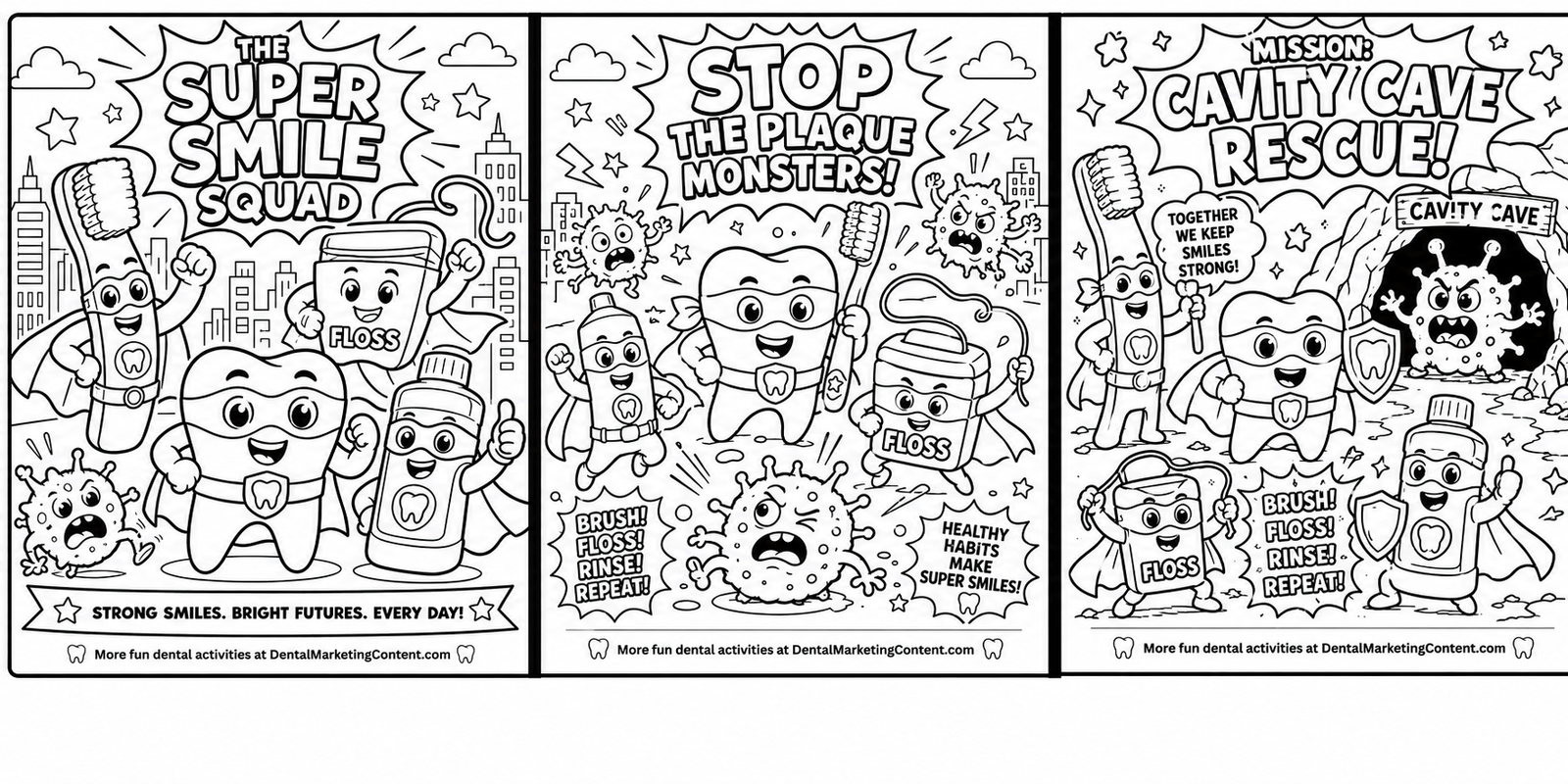 Custom dental coloring pages featuring dental superhero characters