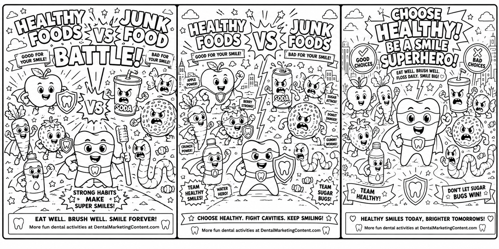 Custom dental coloring pages with healthy foods and junk food battle