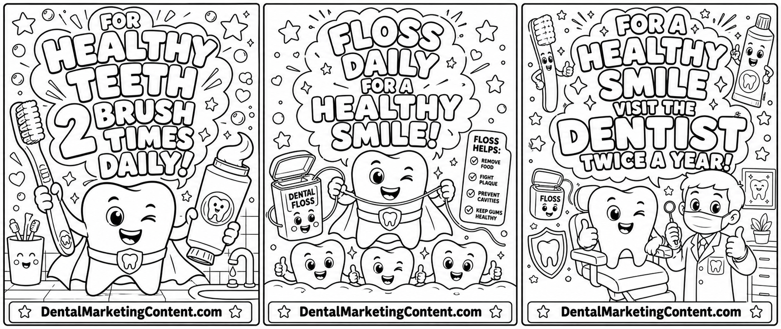 Custom dental coloring pages with healthy teeth brushing message