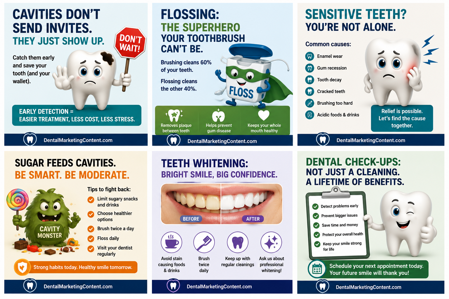 AI Visibility Graphics for Dentists featuring educational dental meme samples for blog posts websites and social media